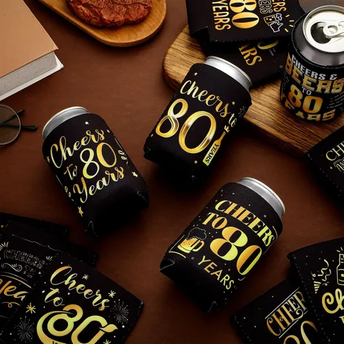 Vista 7 de Umigy 24 fundas de neopreno para latas de cumpleaños de 80 a 80 años, decoraciones de cumpleaños, regalos de fiesta, regalo para hombres y mujeres
