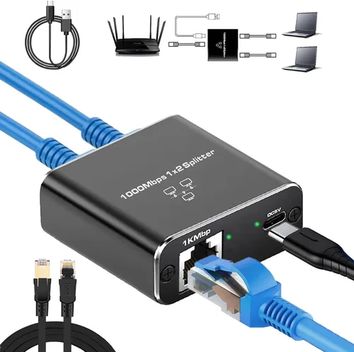 Vista 9 de Divisor Gigabit Ethernet 1 a 2 de alta velocidad (2 dispositivos de red simultáneamente), divisor de Internet de 1000 Mbps 1 entrada 2 salidas