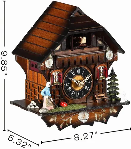 Vista 5 de Kintrot Reloj de cuco tradicional del bosque negro, reloj de pared de cuarzo de madera artesanal con 12 melodías