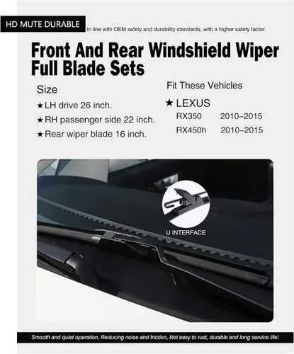 Vista 3 de Repuesto para limpiaparabrisas silencioso Lexus RX350 2010-2015, RX450h 2010-2015 - Juego de limpiaparabrisas delantero y trasero de 26/22 pulgadas