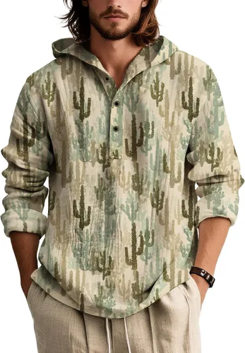 Vista 7 de Sudadera con capucha con estampado bohemio para hombre, de otoño, a la moda, con un cuarto de botón, manga larga, holgada, con capucha, de gran
