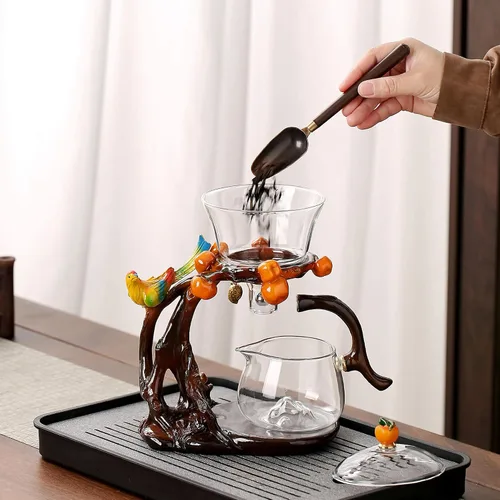 Vista 4 de Zurucily Juego de tetera de cristal Kungfu con infusor Juego de té semiautomático (naranja pájaro)