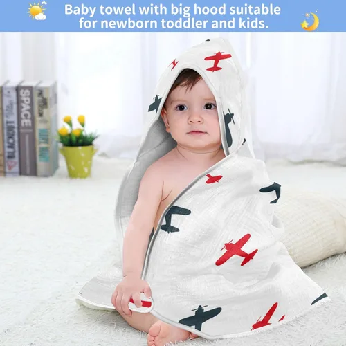 Vista 6 de Kigai Toalla de baño de dibujos animados con diseño de avión de aviones, ultra suave y absorbente, toalla de baño con capucha para bebé recién