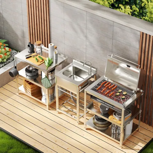 Vista 6 de ROOMTEC Juego de fregadero de acero inoxidable 304, fregadero de cocina de restaurante comercial, fregadero al aire libre con banco de trabajo