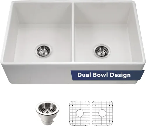 Vista 2 de Houzer Platus PTD-4400 BQ - Delantal de doble cuenco (33 pulgadas), resistente a astillas, fracturas y grietas Biscuit