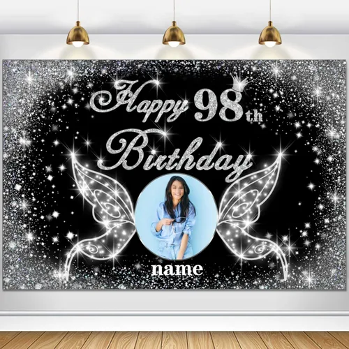 Vista 25 de Cartel personalizado de decoración de fiesta de cumpleaños número 100 - tema de alas de ángel - negro y plateado HY-NLK-100º