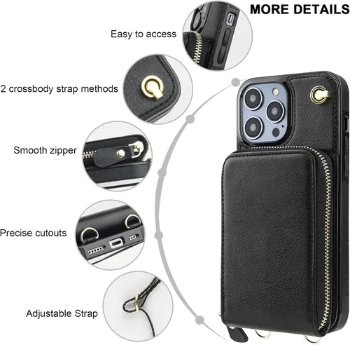 Vista 6 de KIHUWEY - Funda tipo cartera cruzada para iPhone 14 Pro Max, color negro