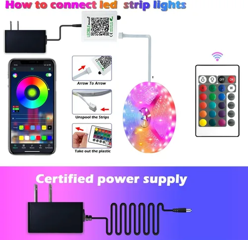 Vista 2 de Tira de luces LED inteligentes, con sincronización de música, 5050 RGB, luces que cambian de color, aplicación Bluetooth, control remoto por
