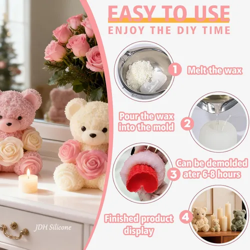 Vista 8 de 2 moldes de silicona de oso de rosas, moldes para hacer velas de oso de peluche 3D, adorno para moldes de resina epoxi para manualidades, molde