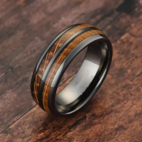 Vista 2 de 100S JEWELRY Anillos de Tungsteno Gris Plomizo para Hombres con Incrustaciones de Veta de Madera de Barril de Whisky, Banda de Grabado de texto