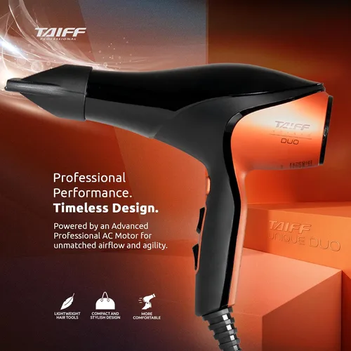 Vista 2 de TAIFF Unique Duo - Secador de pelo profesional Motor de CA de 127 V 1875 W Turmalina iónica y tecnología de titanio de cerámica con 2 boquillas