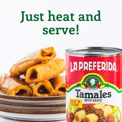 Vista 4 de La Preferida Tamales de carne de res y cerdo abundantes Tamales mexicanos enlatados en salsa roja, 15 onzas (paquete de 2)
