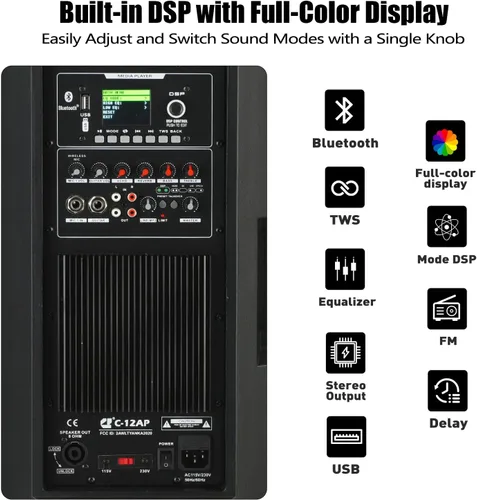 Vista 3 de EXOTON C-12AP - Altavoces PA profesionales de doble alimentación de 12 pulgadas, sistema PA activo y pasivo de 1500 W con pantalla LCD a