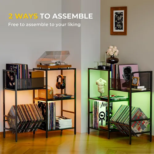 Vista 10 de Soporte para tocadiscos con luz LED, soporte para tocadiscos con almacenamiento de vinilo para más de 300 álbumes, gabinete multimedia de 3 niveles