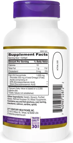 Vista 5 de 21st Century Aceite de pescado 1000 mg, cápsulas blandas, 120 unidades Aceite de pescado omega-3 con 300 mg de EPA y DHA, apoyo para la salud