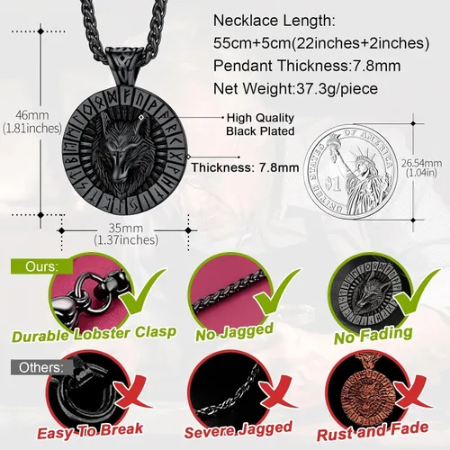Vista 4 de FaithHeart Collar con colgante de lobo vikingo nórdico para hombres y mujeres, acero inoxidable, chapado en oro de 18 quilates, joyería con embalaje