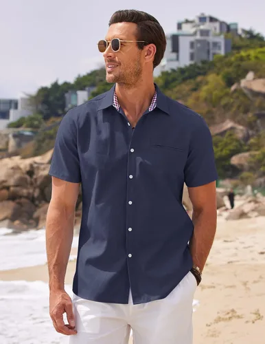 Vista 2 de COOFANDY Camisa de vestir Oxford de manga corta para hombre, camisa de trabajo con botones de cambray, camisas casuales con cuello a cuadros