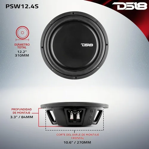 Vista 4 de DS18 PSW10.2D Subwoofer de 10" de Montaje Profundo 1000 Vatios de Potencia Máxima 500 Vatios RMS Bobina de Voz Dual 2+2 OHMS Resistente al Agua