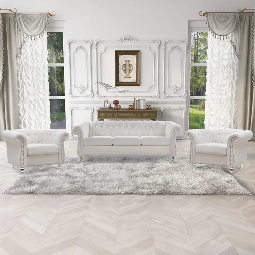 Vista 14 de Muebles de sofá Chesterfield de tela de 85 pulgadas, sofá tapizado con respaldo copetudo, brazo enrollable, sofá Chesterfield clásico para sala