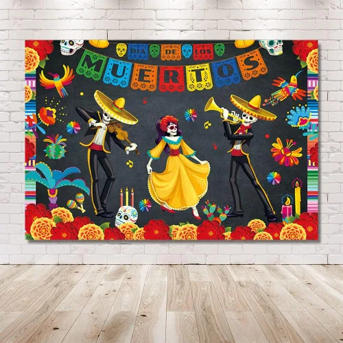 Vista 6 de MEHOFOND Telón de fondo del Día de los Muertos de 7 x 5 pies, fiesta mexicana, calavera de azúcar, flores, fondo de fotografía, vinilo Dia De Los
