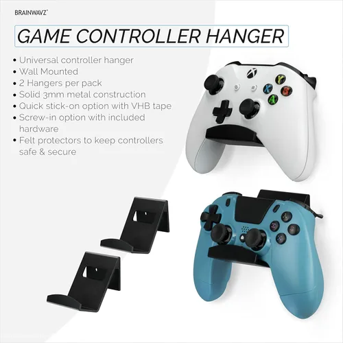 Vista 6 de BRAINWAVZ 2 Pack Metal Controller Holder Stand Wall Mount for Xbox, PS5, PS4, PC & More Gaming Accessories, Adhesive & Screw Universal Fit (Black)