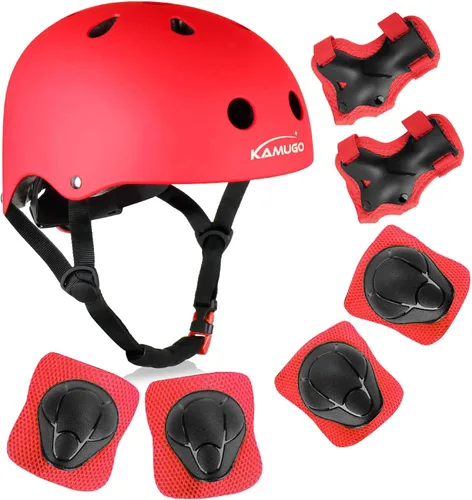 Vista 7 de KAMUGO - Casco de bicicleta para niños, casco para niños pequeños de 2 a 8 años, para niños y niñas, con equipo de protección deportiva, rodilleras