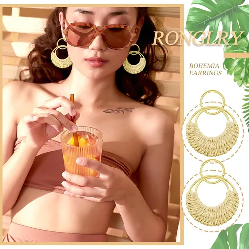 Vista 4 de Ronglry Aretes bohemios de ratán de rafia para mujeres y niñas, ligeros, hechos a mano, de mimbre trenzado, grandes, divertidos, modernos, regalos