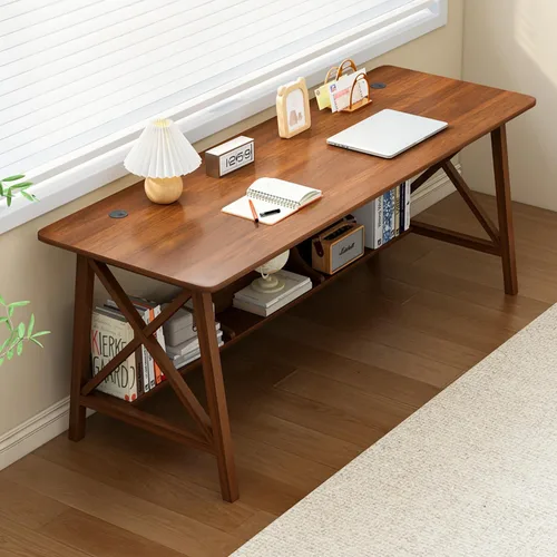 Vista 15 de NELYE Escritorio Extra Largo con Estantería - Mesa de Trabajo de Estudio de Oficina en Casa de Madera, Estación de Trabajo de Computadora de Roble