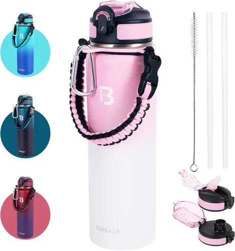 Vista 7 de TOPBADE Botella de agua aislada de 32 onzas con tapa de pajita, tapa de boquilla y mango de paracord, botella de agua de acero inoxidable de boca