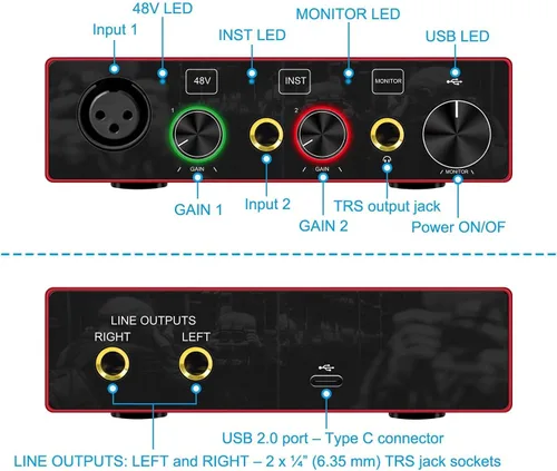 Vista 8 de Interfaz de audio USB con preamplificador de micrófono, grabadora mezcladora de audio USB con alimentación fantasma de 48 V, 24 bits, soporte