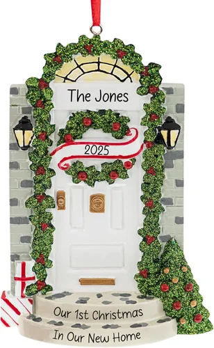 Vista 9 de Adorno de Navidad personalizado para el nuevo hogar 2026 Puerta negra con cinta de purpurina recuerdo único para el árbol de Navidad – Primer año
