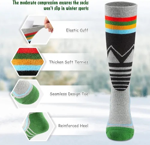 Vista 5 de Calcetines de esquí para niños, 2 pares3 pares, cálidos y gruesos, calcetines de nieve OTC para niños y niñas, esquí de invierno y snowboard, Verde