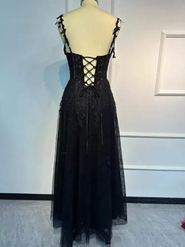 Vista 2 de YUAOHUANG Vestido de fiesta de tul con apliques de encaje para mujer, tirantes delgados, vestido formal de fiesta de noche, vestido de fiesta