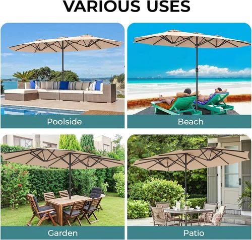 Vista 53 de Sombrilla de doble cara para patio de 15 x 9 pies con base y manivela, sombrilla rectangular extragrande para patio, césped y jardín, beige