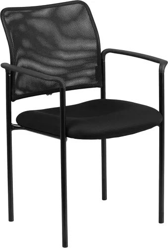 Vista 3 de BizChair Silla auxiliar apilable de acero con brazos de malla negra Comfort