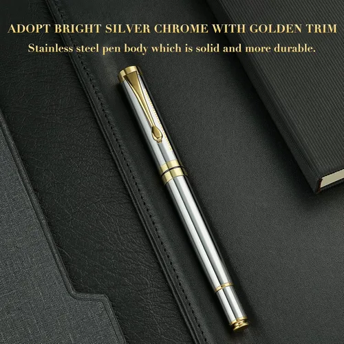 Vista 4 de BEILUNER - Bolígrafos personalizados de alta calidad, impresionante bolígrafo de metal cromado de plata brillante con borde dorado, elegante set