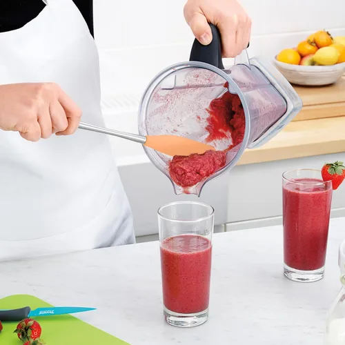 Vista 3 de Tovolo Espátula para Frascos de Silicona con Mango Largo de Acero Inoxidable Espátula Raspadora Naranja Albaricoque, Raspador de Frascos Resistente
