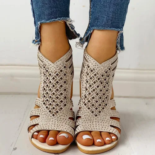 Vista 4 de GETBEE Sandalias de vestir para mujer, sandalias bohemias para mujer, sandalias de cuñas bajas, puntera abierta, sexy, lindas, con diamantes