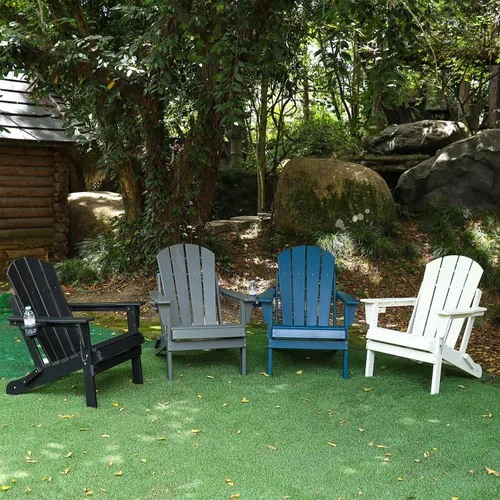 Vista 7 de Silla Adirondack plegable con soporte para tazas, silla de exterior de HDPE resistente a la intemperie, silla de césped de grano de madera para Negro
