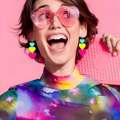 Vista 2 de Aretes de neón de los años 80 y 90 para mujer, estilo punk, retro, coloridos, acrílicos, colgantes, para cosplay, fiesta brillante, festival