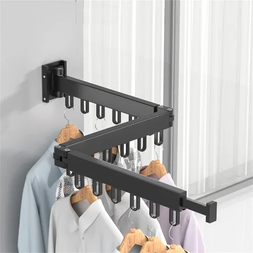 Vista 4 de Percha de ropa plegable para montaje en pared, estante de secado de tela retráctil para interiores y exteriores, ahorro de espacio de aluminio