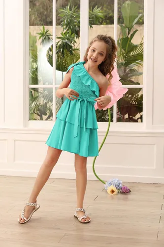 Vista 3 de Danna Belle Vestido de fiesta de verano para niñas, con un hombro, volantes, escalonado, ropa de regalo, tallas 5-14