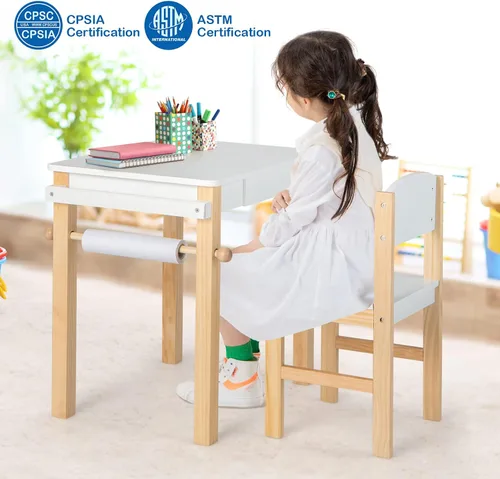 Vista 8 de Costzon Juego de mesa y silla para niños, mesa de arte con rollo de papel, cajón, 2 rotuladores, mesa de actividades de madera, adecuada para sala