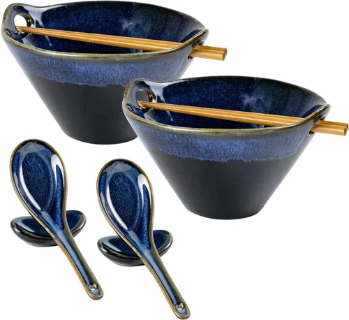 Vista 12 de UNICASA Juego de 2 cuencos japoneses para ramen con palillos, cucharas y reposos, 26 onzas, para fideos de porcelana profunda, Udon, Pho, ensalada