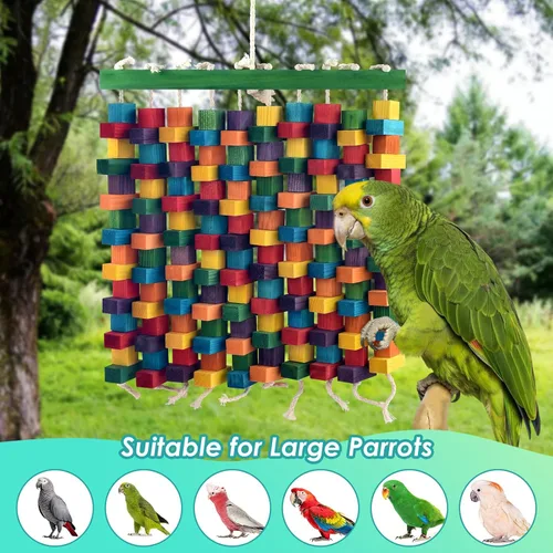 Vista 6 de DBNESS Juguete grande para pájaros, juguetes de loro de 20 pulgadas para jaula, bloques de madera naturales multicolor para masticar guacamayos