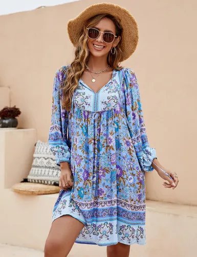 Vista 4 de Bluetime - Vestido informal de verano para mujer, estilo bohemio, cuello en V, manga 34, babydoll con estampado floral, vestido suelto para la playa