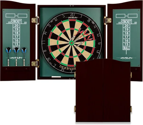 Vista 10 de EastPoint Belmont Dart Board Cabinet, 6 Steel Tip Darts, Game Room Decor Negro