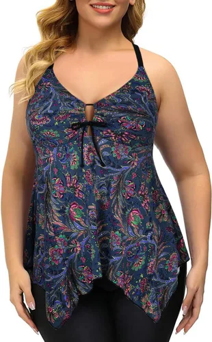 Vista 2 de Firpearl Trajes de baño tankini para mujeres, modestos y fluidos, espalda cruzada, talla plus, top de traje de baño Azul y rojo floral.