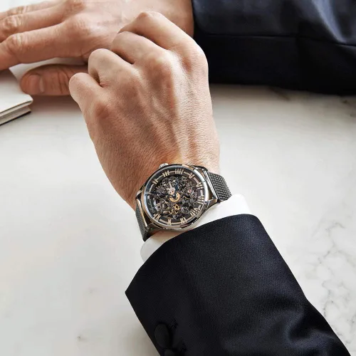 Vista 5 de AGELOCER Reloj mecánico automático tallado hueco impermeable de acero inoxidable relojes de negocios para hombre