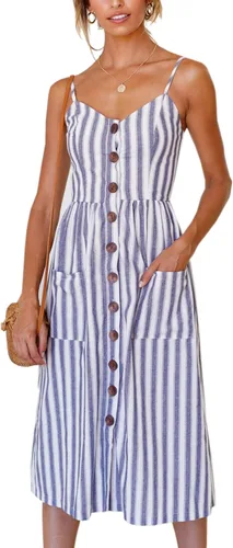Vista 57 de Angashion - Vestido floral de verano estilo bohemio para mujer, con botones, bolsillos y tiras ajustables